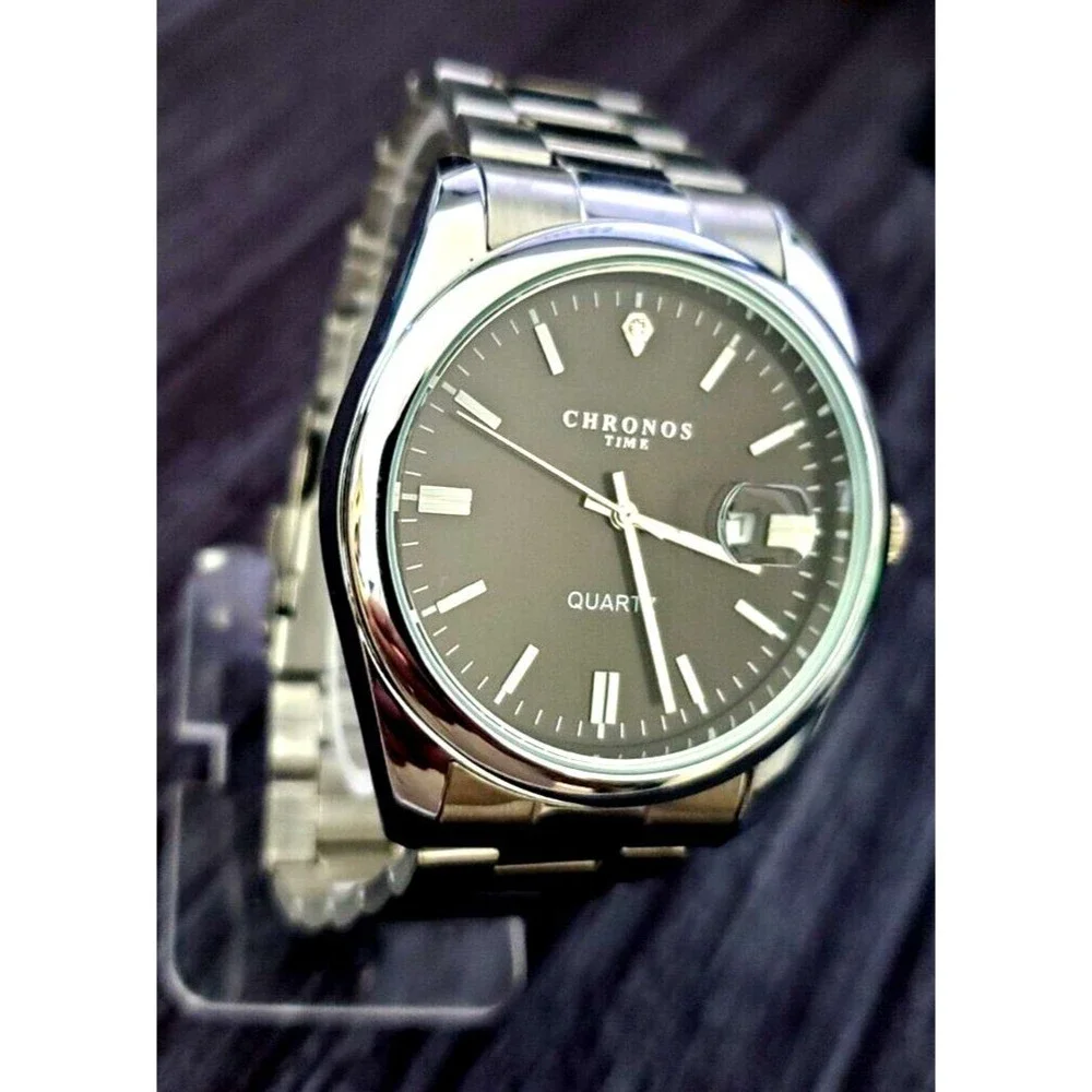 Chronos Men's Day Date Watch Tuxedo Black Diamond Dial Swiss Screw Down Back WOW